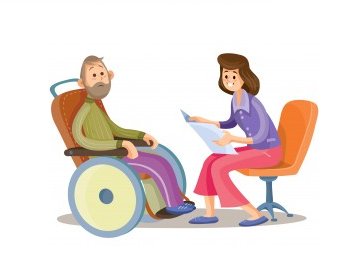 Duas pessoas frente a frente. À esquerda a pessoa tem barba e cabelos grisalhos, usando cadeira de rodas e agasalho. A pessoa da direita está sentada numa cadeira laranja, segura papéis em frente ao corpo, e está inclinada na direção da pessoa da esquerda, indicando comunicação entre elas.