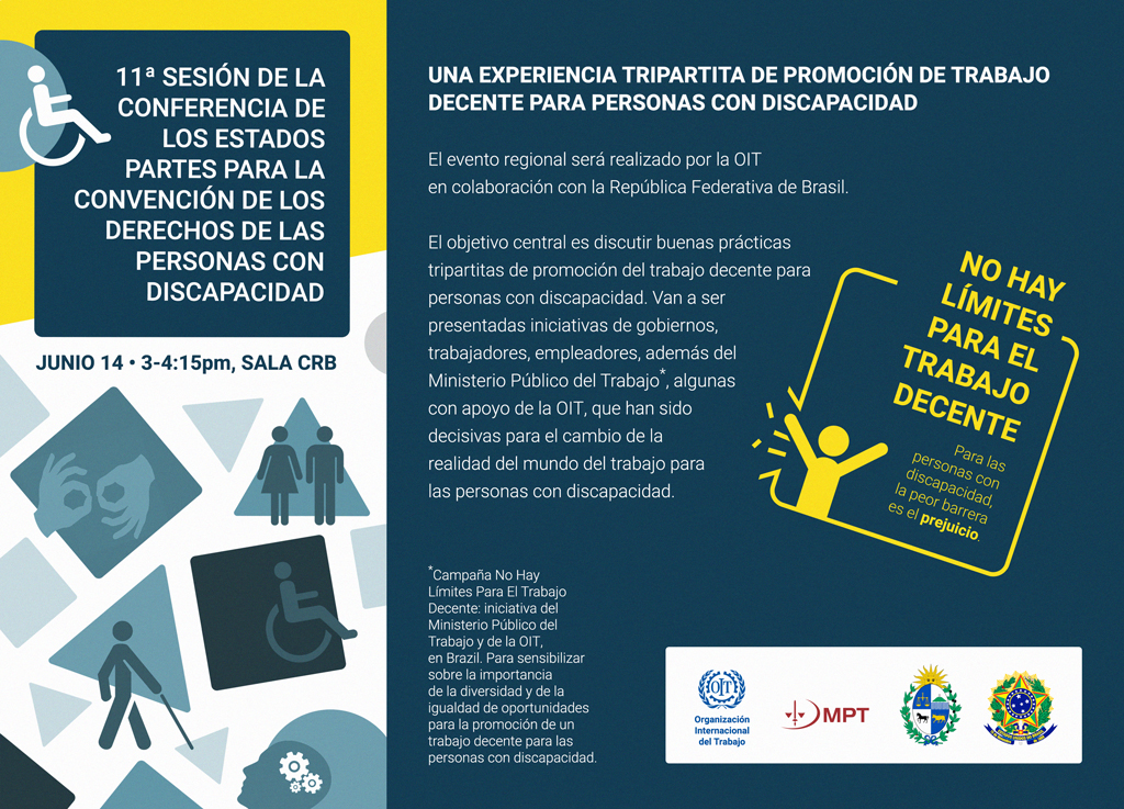 imagem do convite para o painel “Uma experiência tripartite de promoção de trabalho decente para pessoas com deficiência” em Conferência da ONU sobre os direitos das pessoas com deficiência.
